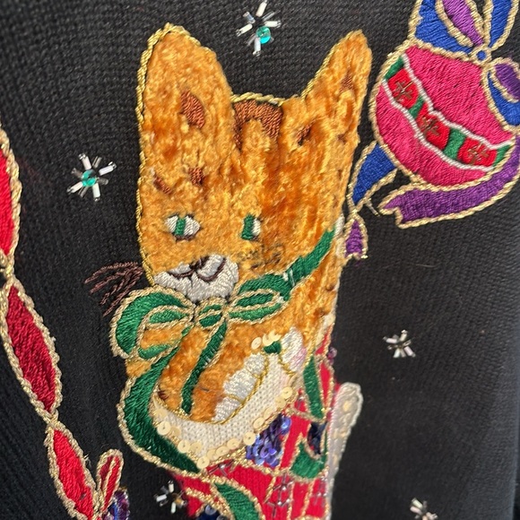 Vintage 80’s Christmas Cat Sweater Knit Embroidered - Picture 3 of 6
